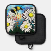 Grillige hommel in madeliefjes bloemenschilderij pannenlap (Voorkant / Achterkant)