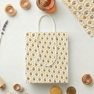 Grillige honingbij en gouden zeshoekpatroon medium cadeauzakje