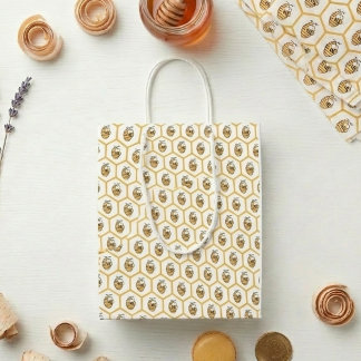 Grillige honingbij en gouden zeshoekpatroon medium cadeauzakje