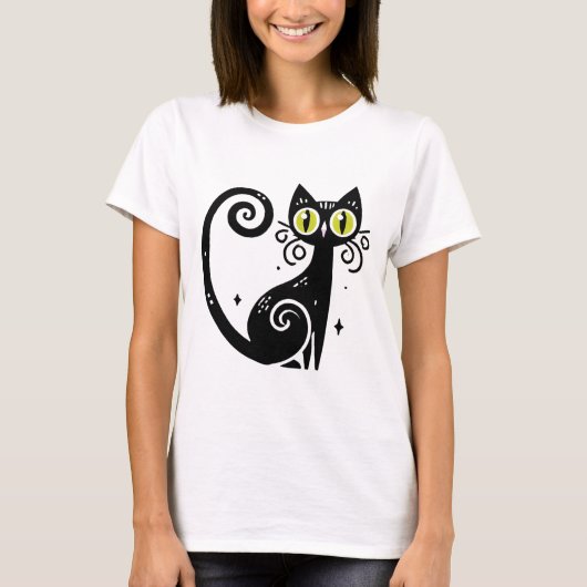 Grillige Illustratie van Zwarte Kat T-shirt (Voorkant)