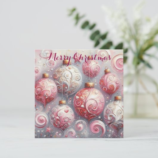 Grillige Impressionistische Kerstballen Roze Feestdagenkaart (Staand voorkant)