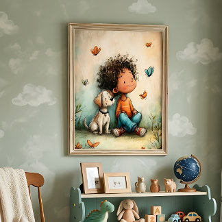 Grillige Jongen & Hond Vlinder Perfect Poster
