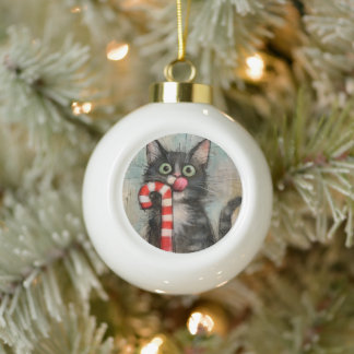 Grillige kat met snoepriet Kerstmis Keramische Bal Ornament