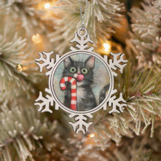 Grillige kat met snoepriet Kerstmis Tin Sneeuwvlok Ornament