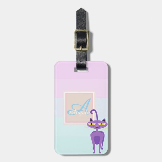 Grillige kat ombre gestreepte monogram-personalis bagagelabel (Voorkant verticaal)