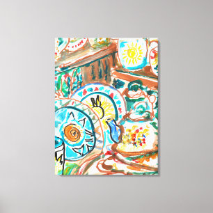 Grillige Keramische Theeset Canvas Afdruk