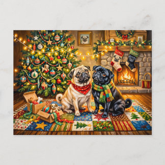 Grillige Kerst Cottage Dweilende Hond Illustratie Briefkaart