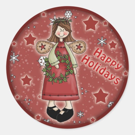 Grillige kerst engel en krans ronde sticker (Voorkant)