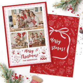 Grillige Kerst Roze Strik 3 Gezinsfoto Feestdagenkaart