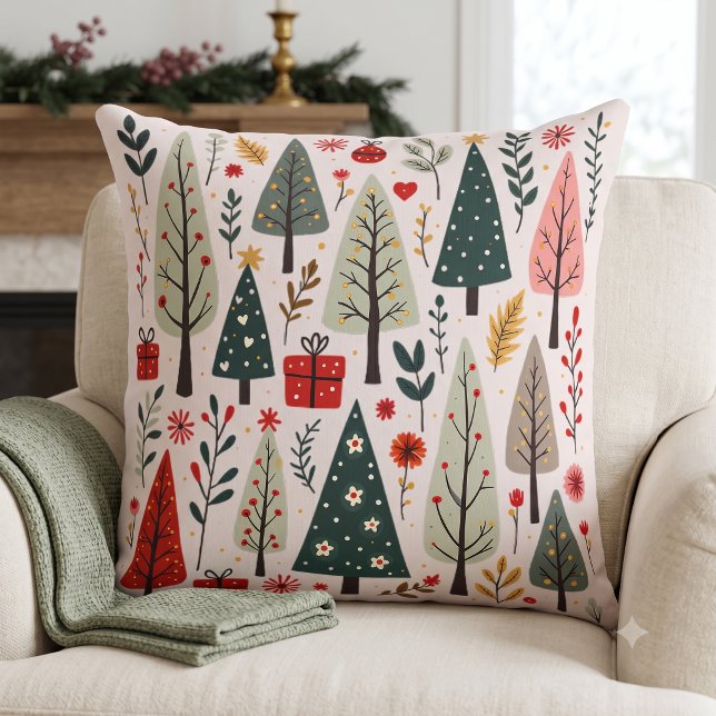 Grillige Kerstboom Bos Kussen (Whimsical Christmas Tree Forest Throw Pillow)