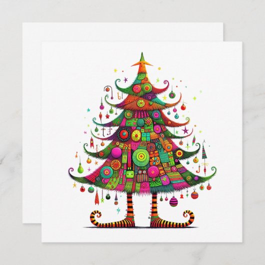 grillige kerstboom, felle kleuren, feestdagenkaart (Voorkant / Achterkant)