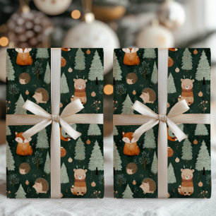 Grillige Kerstboom met Rode Vos Donkergroen Inpakpapier Vel