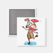 Grillige Kersthond op Schaatsen Magneet (Voorkant / Achterkant)