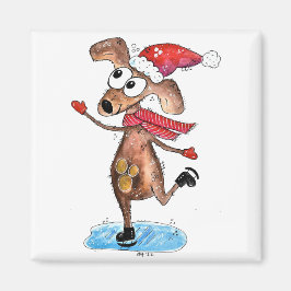 Grillige Kersthond op Schaatsen Magneet