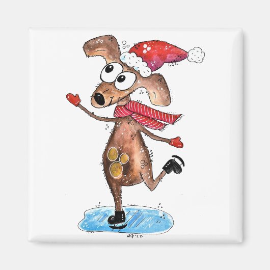 Grillige Kersthond op Schaatsen Magneet (Voorkant)