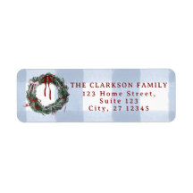 Grillige Kerstkrans Blauw Gingham Retouradreslabel
