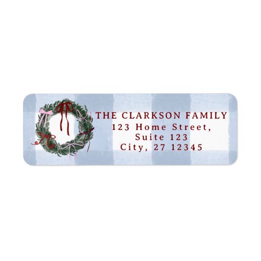 Grillige Kerstkrans Blauw Gingham Retouradreslabel Etiket (Voorkant)