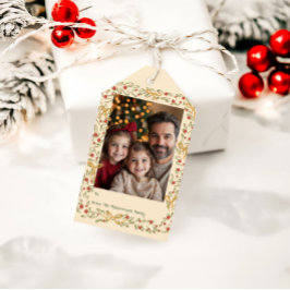 Grillige Kerstkrans & Strikken Fotokaart Cadeaulabel