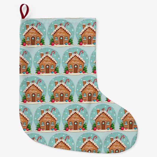 Grillige kerstscène met een gemberkoekhuisje grote kerstsok (Voorkant)
