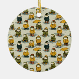Grillige Kikkers in Regenjassen Patroon Keramisch Ornament