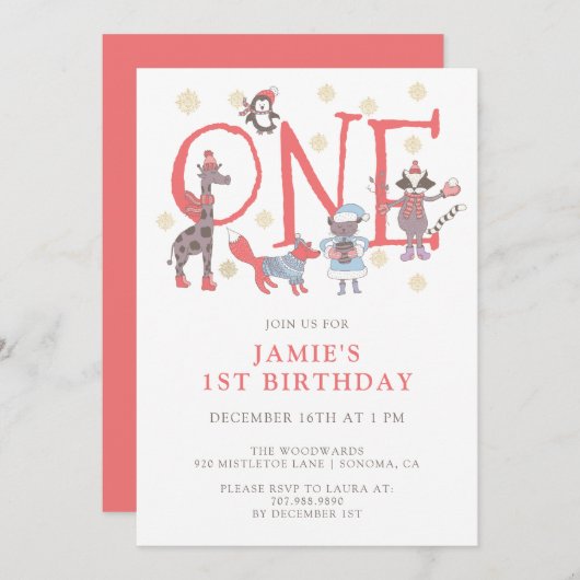 grillige Kind's Winter 1e Verjaardagsuitnodiging Kaart (Voorkant / Achterkant)