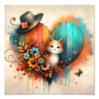 Grillige Kitten in Turquoise en Verbrand Oranje Bl Foto Afdruk