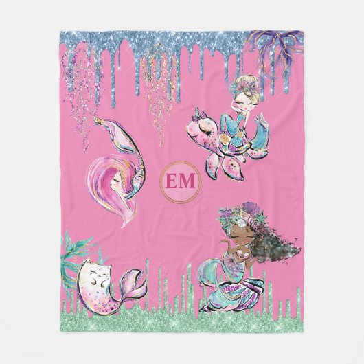 Grillige Kleine Meerminnen Onder de Zee Monogram Fleece Deken (Voorkant)