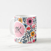grillige kleurrijke bloemen monogrammed koffiemok (Voorkant links)