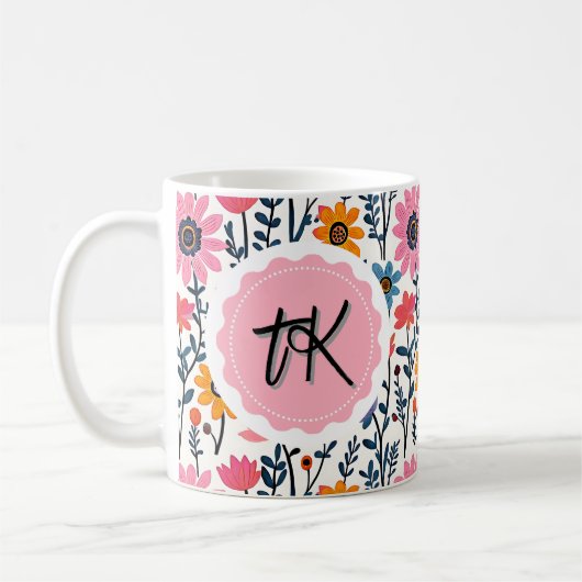 grillige kleurrijke bloemen monogrammed koffiemok (Links)