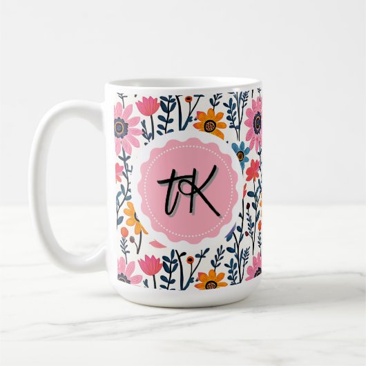 grillige kleurrijke bloemen monogrammed koffiemok (Links)