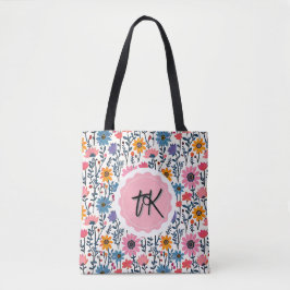  grillige kleurrijke bloemen monogrammed tote bag