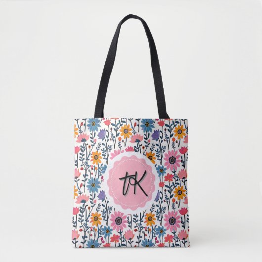 grillige kleurrijke bloemen monogrammed tote bag (Voorkant)
