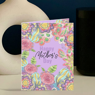 Grillige Kleurrijke Bloemen op Paarse Moederdag Kaart