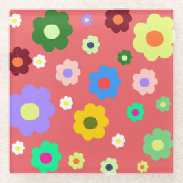 grillige kleurrijke bloemenretro, vrolijk, preppy glazen onderzetter