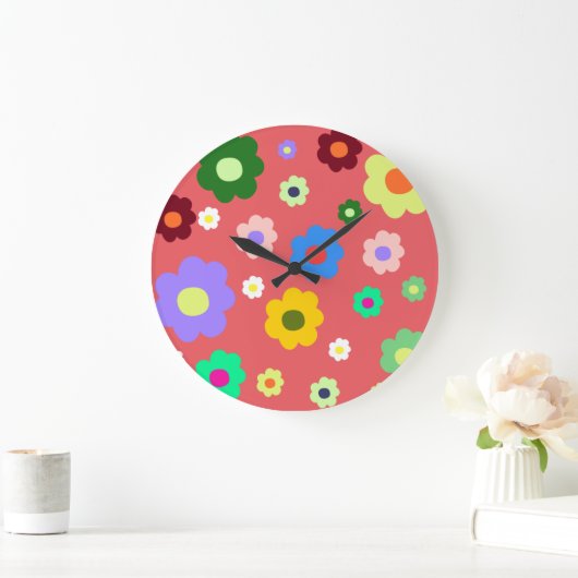 grillige kleurrijke bloemenretro, vrolijk, preppy grote klok (Huis)
