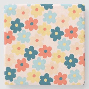 grillige kleurrijke bloemenretro, vrolijk, preppy stenen onderzetter