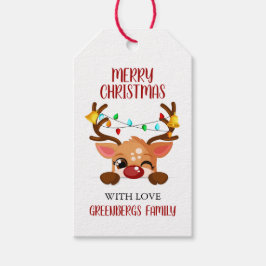 Grillige Knipogende Rendieren met Kerstlichtjes Cadeaulabel