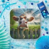 grillige Koe die over het hek kijkt Papieren Bordje (Feest)