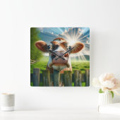 grillige Koe die over het hek kijkt Vierkante Klok (Huis)