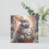 grillige konijn bloem mand feestdagenkaart (Staand voorkant)