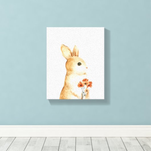 Grillige Konijn Bloemrijke Bos Nursery Decor Canvas Afdruk (Insitu (Houten vloer))