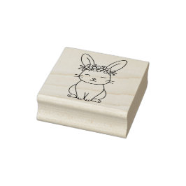 Grillige Konijn met Bloemenkroon Lijnkunst Rubberstempel