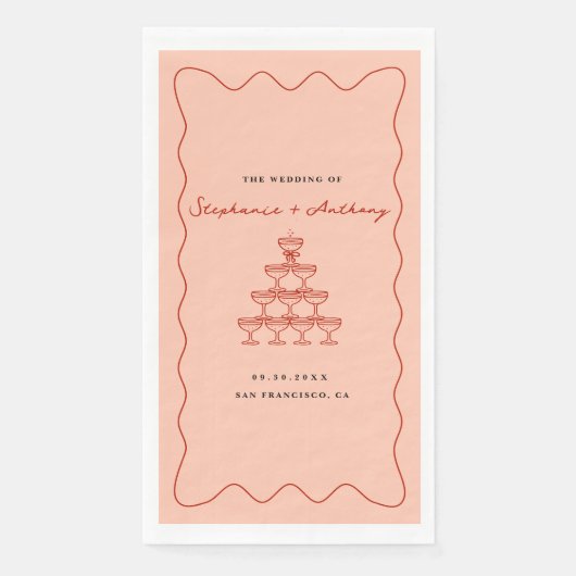 Grillige Koraal en Kersenrode Champagne Bruiloft Servet (Voorkant)