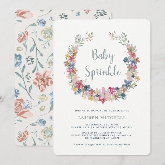 grillige krans | Floral Baby Sprinkle Invitation Kaart (Voorkant / Achterkant)