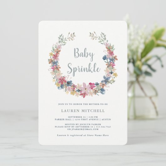 grillige krans | Floral Baby Sprinkle Invitation Kaart (Staand voorkant)