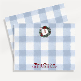 Grillige Kranz Kerstmis Blauwe Gingham Notitiekaar Kaart
