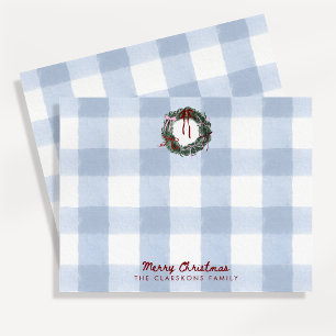 Grillige Kranz Kerstmis Blauwe Gingham Notitiekaar Kaart