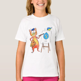 Grillige kunstenaar kat schildert een vogel t-shirt