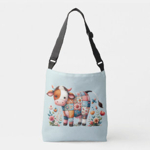 grillige lappendeken Koe met bloemenaccenten Crossbody Tas