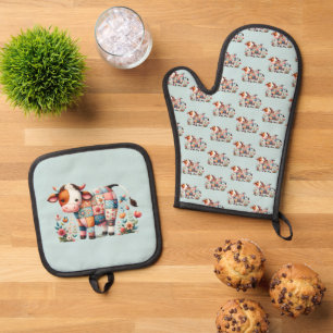 grillige lappendeken Koe met bloemenaccenten Ovenwant & Pannenlap Set